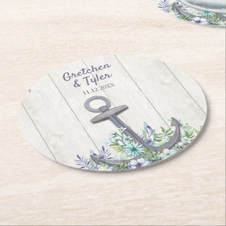 Floral Nautical Anchor Round Paper Coaster