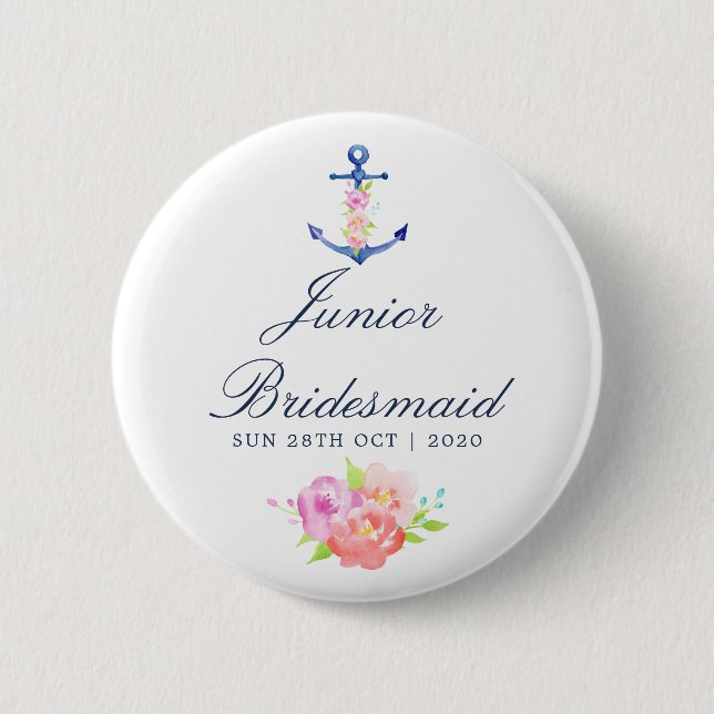 Floral Nautical Wedding Junior Bridesmaid 6 Cm Round Badge (Front)
