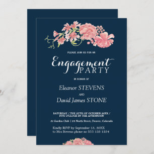 Floral navy and blush engagement party invite