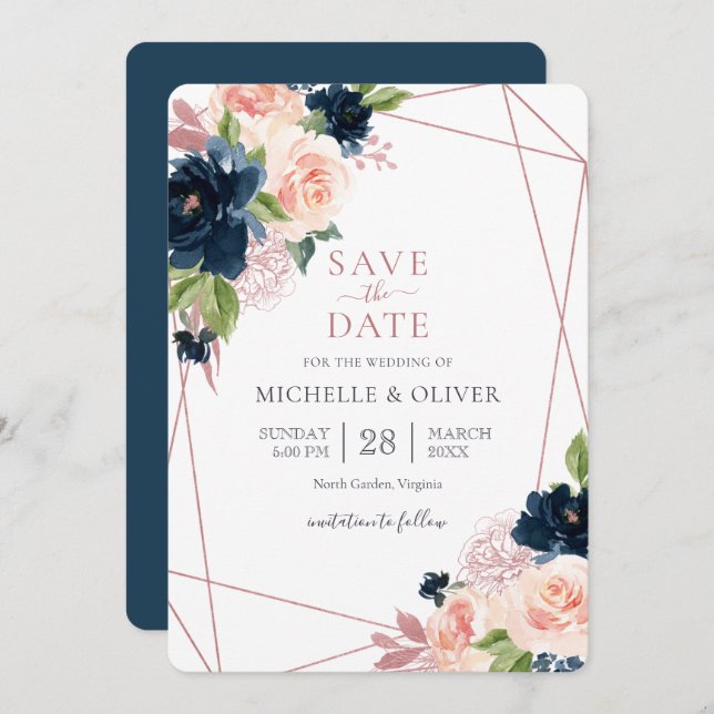 Floral Navy and Blush Geometric Save the Date Invi Invitation (Front/Back)