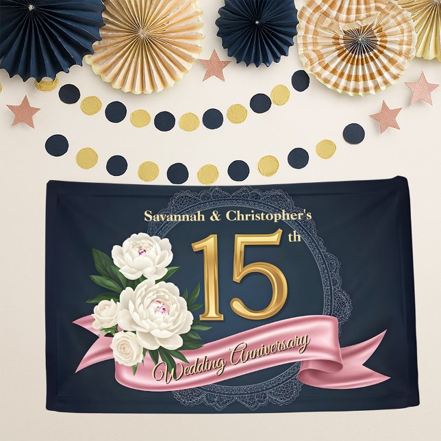 Floral Navy and Gold 15th Wedding Anniversary  Banner (Creator Uploaded)
