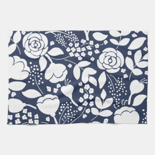 Floral navy blue and white kitchen towel