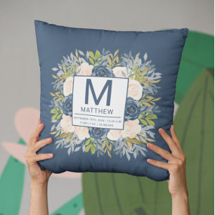 Floral Navy Blue Birth Stats Newborn Baby  Cushion