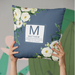 Floral Navy Blue Birth Stats Newborn Baby Cushion