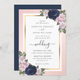 Floral Navy Blue Blush Gold Calligraphy Wedding Invitation