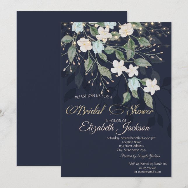 Floral Navy Blue Bridal Shower Invitation (Front/Back)
