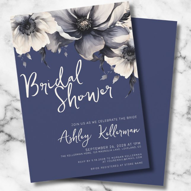 Floral Navy Blue Bridal Shower Invitation (Typography Elegant Floral Navy Blue Bridal Shower Invitation)