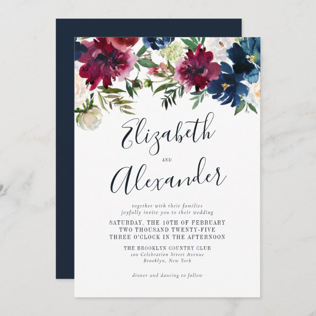 Floral Navy Blue Burgundy Elegant Script Wedding Invitation (Front/Back)