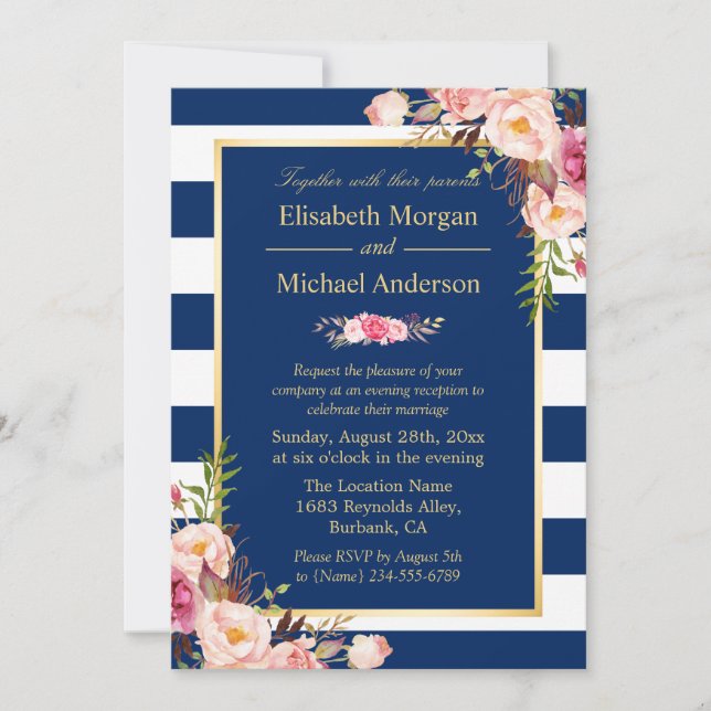 Floral Navy Blue Colour Wedding Evening Invitation (Front)