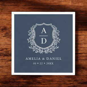 Floral Navy Blue Crest Wedding Monogram Napkin
