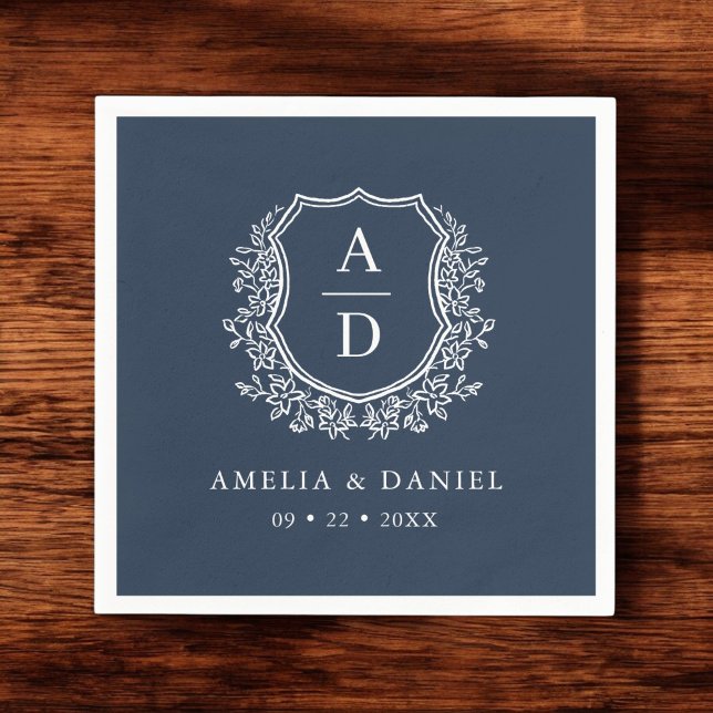 Floral Navy Blue Crest Wedding Monogram Napkin (Creator Uploaded)