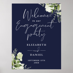 Floral Navy Blue Engagement Party Welcome Sign