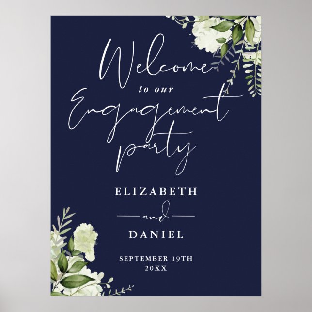 Floral Navy Blue Engagement Party Welcome Sign (Front)