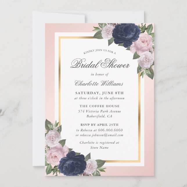 Floral Navy Blue Gold Blush Pink Bridal Shower Invitation (Front)