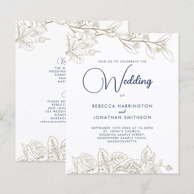 Floral Navy Blue Gold Budget Wedding Invitation (Front/Back)