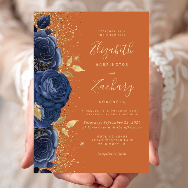 Floral Navy Blue Gold Burnt Orange Wedding Invitation (Creator Uploaded)