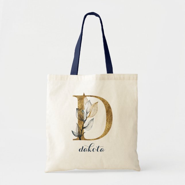 Floral Navy Blue Gold Leaf Monogram Letter "D" Tote Bag (Front)