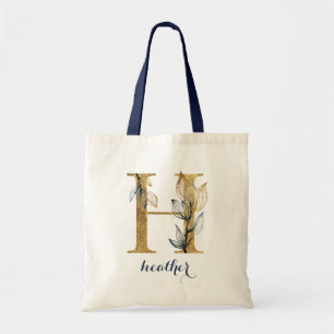 Floral Navy Blue Gold Leaf Personalised Letter "H" Tote Bag