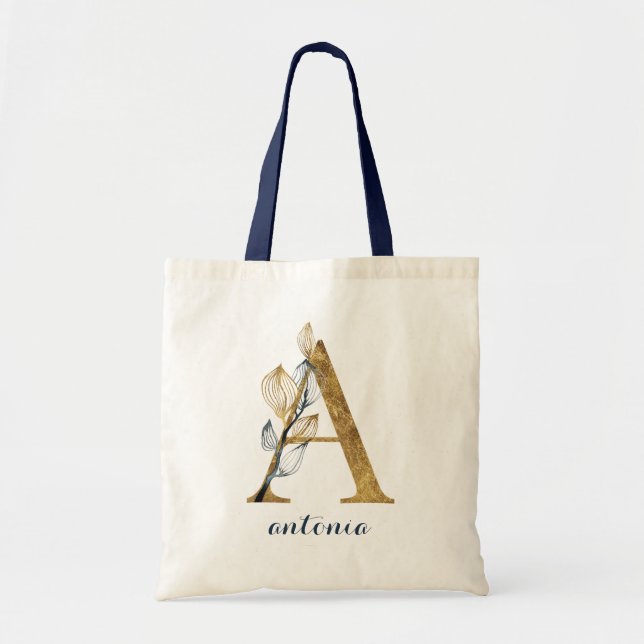 Floral Navy Blue Gold Leaf Personalized Letter "A" Tote Bag (Front)