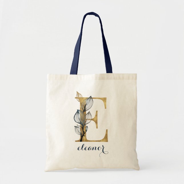 Floral Navy Blue Gold Leaf Personalized Letter "E" Tote Bag (Front)