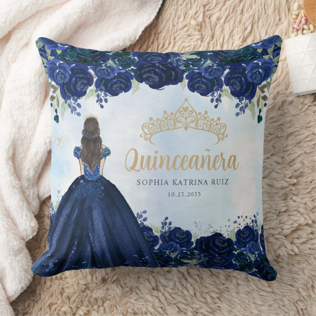 Floral Navy Blue Gold Princess Tiara Quinceanera  Cushion (Blanket)