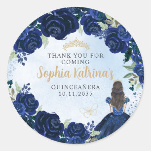 Floral Navy Blue Gold Quinceanera Birthday Favor Classic Round Sticker