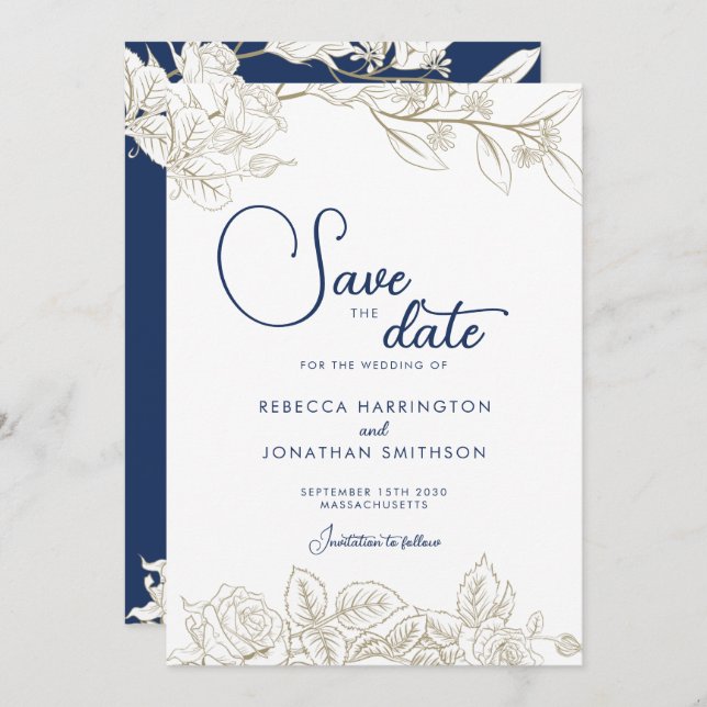 Floral Navy Blue Gold Wedding Save The Date Card (Front/Back)