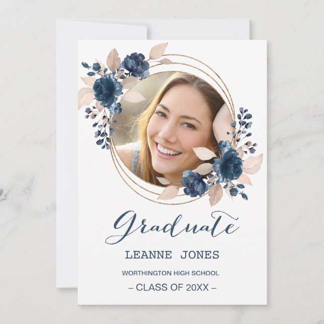 Floral navy blue Graduation Party Photo Invitation (Front)