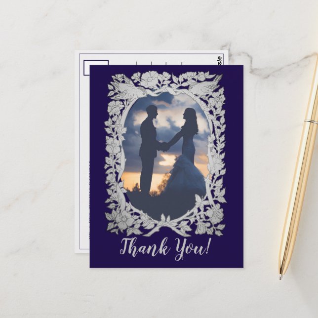 Floral Navy Blue Grey Bird Photo Wedding Thanks Postcard (Front/Back In Situ)