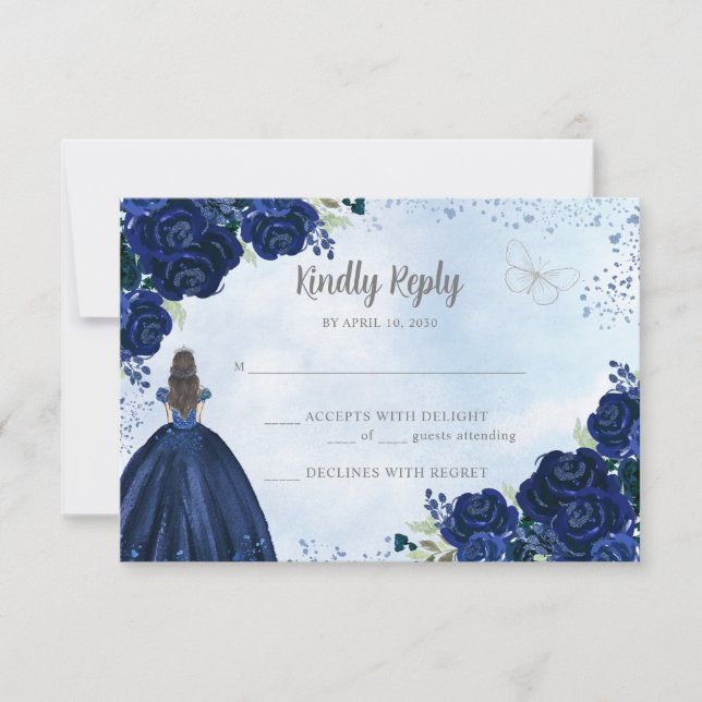 Floral Navy Blue Grey Glitter Princess Quinceañera RSVP Card (Front)
