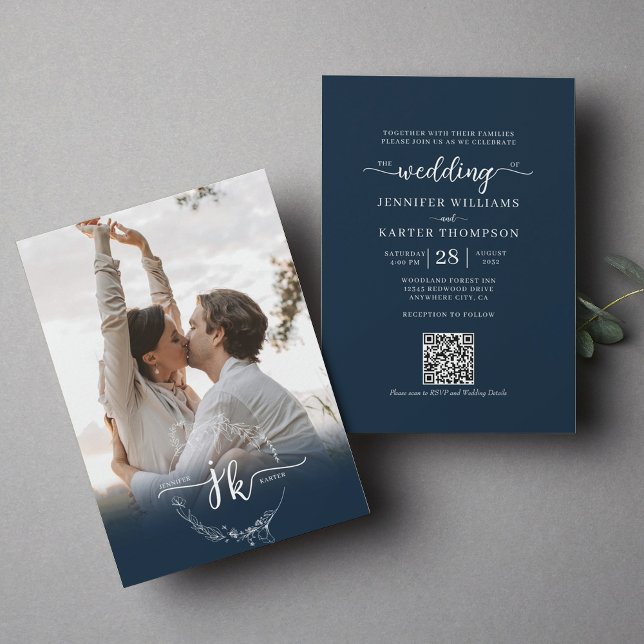 Floral Navy Blue Monogram Photo QR Code Wedding  Invitation (Creator Uploaded)