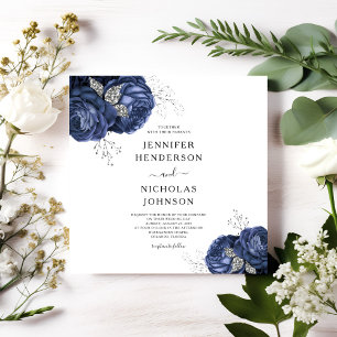Floral Navy Blue Peonies Elegant Wedding Invitation