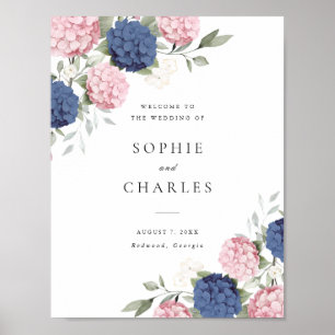 Floral Navy Blue Pink Hydrangea Wedding Welcome Poster