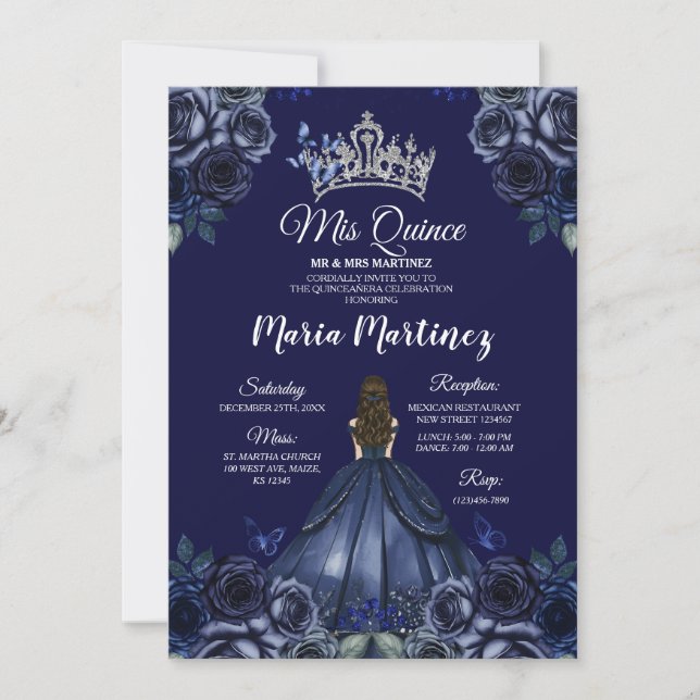 Floral Navy Blue Princess Silver Mis Quince Invitation (Front)