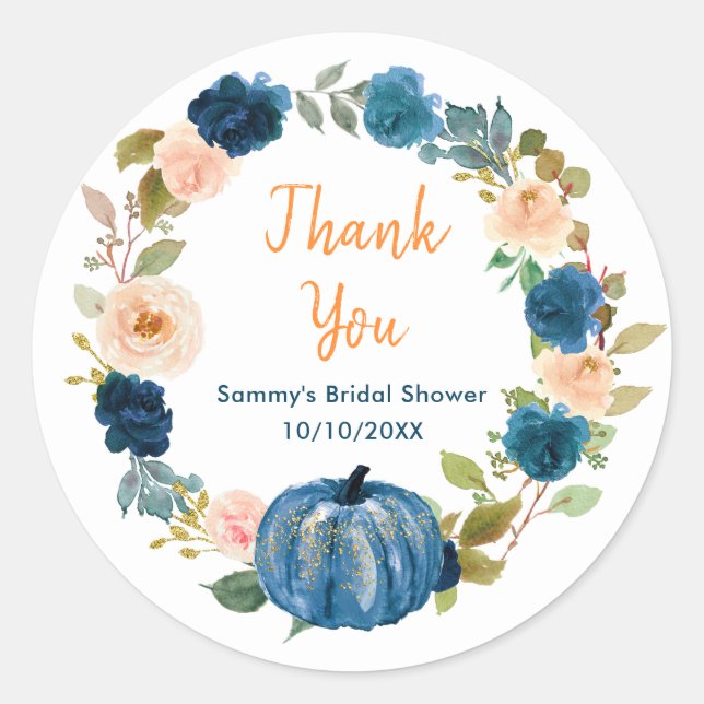 Floral Navy Blue Pumpkin Bridal Shower Thank You Classic Round Sticker (Front)