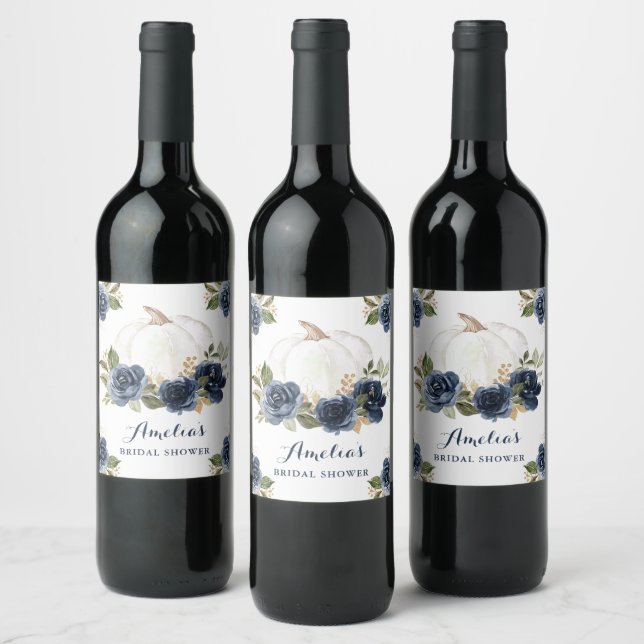 Floral Navy Blue Pumpkin Fall Bridal Shower Wine Label (Bottles)
