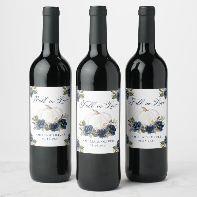 Floral Navy Blue Pumpkin Fall in Love Wedding Wine Label (Bottles)