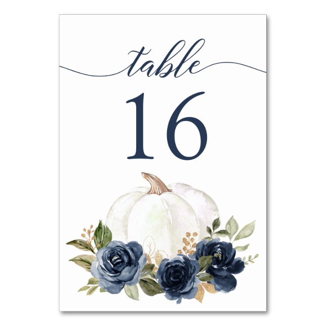 Floral Navy Blue Pumpkin Fall Rustic Table Number (Front)