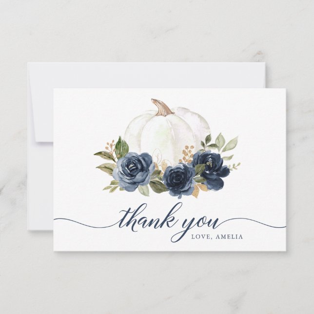 Floral Navy Blue Pumpkin Fall Thank You Card (Front)