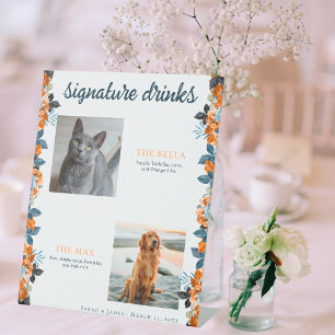 Floral Navy Blue Rust 2 Photo Pet Signature Drink Pedestal Sign