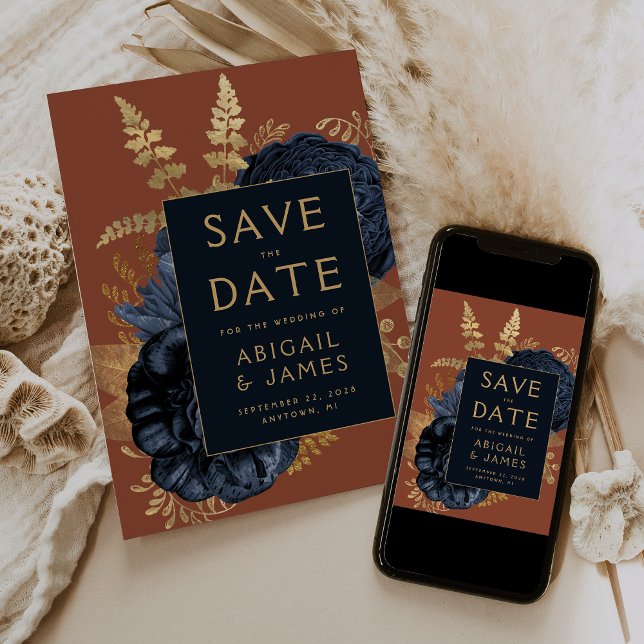 Floral Navy Blue Rust Gold Wedding Save the Date Invitation (Creator Uploaded)