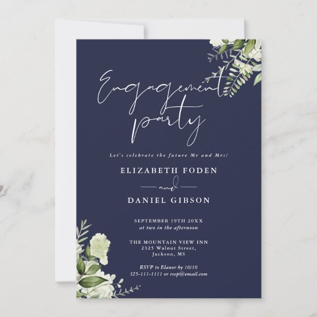 Floral Navy Blue Script Engagement Party Invitation (Front)