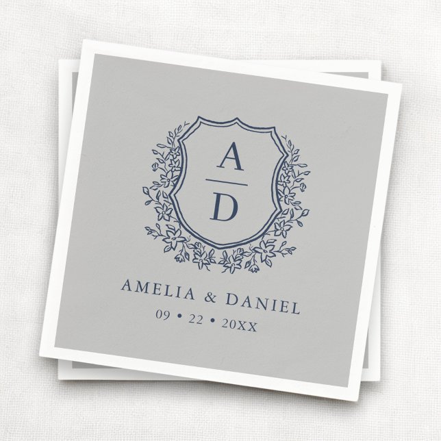 Floral Navy Blue Silver Crest Wedding Monogram Napkin (Creator Uploaded)
