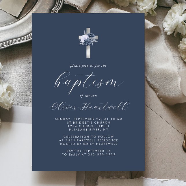 Floral Navy Blue Silver Cross Boys Baptism Invitation (Creator Uploaded)