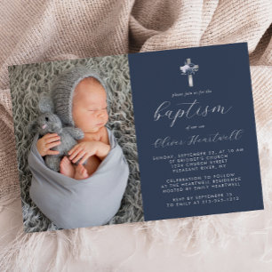 Floral Navy Blue Silver Cross Photo Boys Baptism Invitation