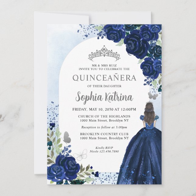 Floral Navy Blue Silver Dress Birthday Quinceanera Invitation (Front)