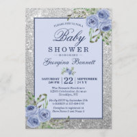 Floral Navy Blue Silver Sparkles Baby Shower