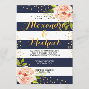 Floral Navy Blue Stripes & Gold Foil Dots Wedding Invitation