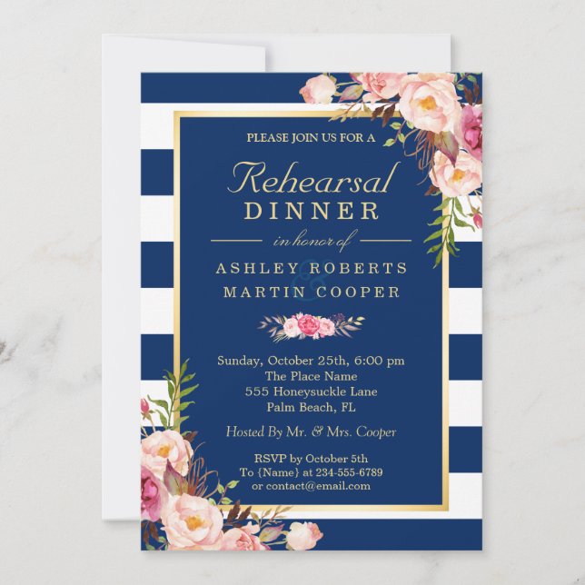 Floral Navy Blue Stripes Wedding Rehearsal Dinner Invitation (Front)