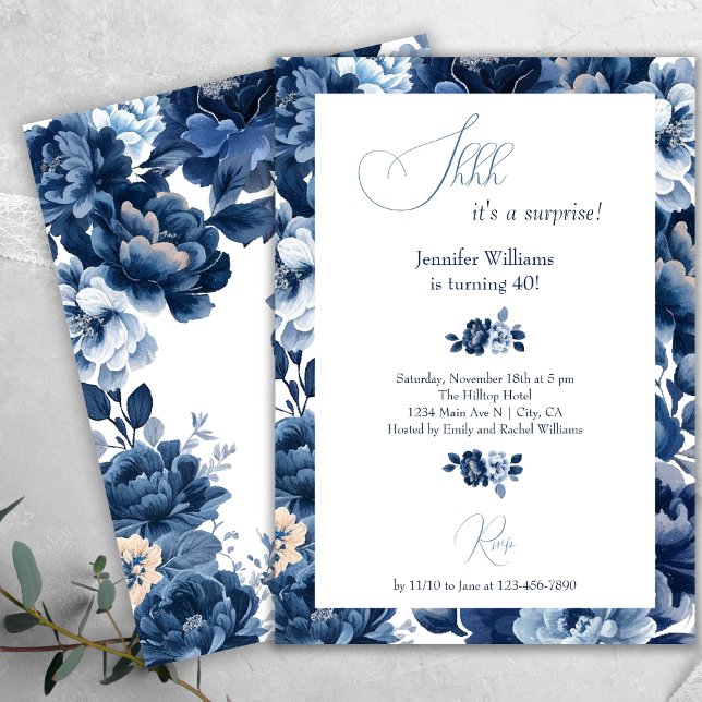 Floral Navy Blue Watercolor Shh Surprise Birthday Invitation (Creator Uploaded)